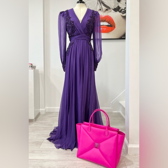 Zuhair Murad Silk Chiffon Beaded V-Neck Gown Dress - Picture 14 of 15